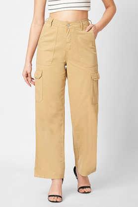 solid cotton blend straight fit women's casual wear trousers - natural