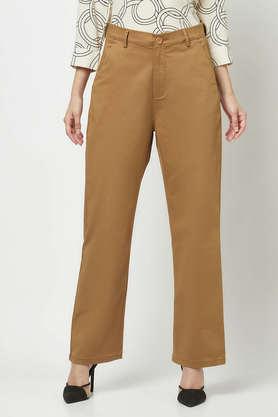 solid cotton blend straight fit women's pants - khaki