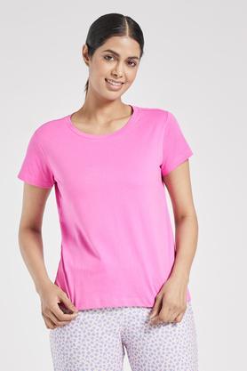 solid cotton blend v neck women's t-shirt - pink