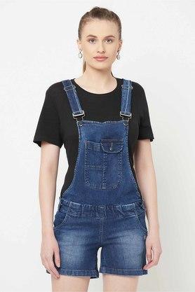 solid cotton blend womens jumpsuits - blue