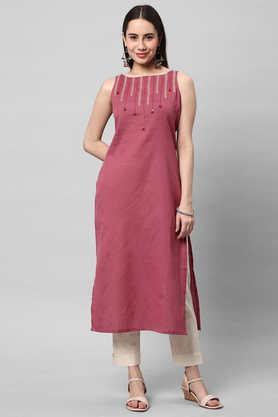 solid cotton boat neck women's casual wear kurta - pink