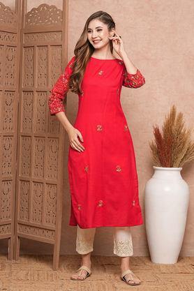 solid cotton boat neck women's casual wear kurta - red