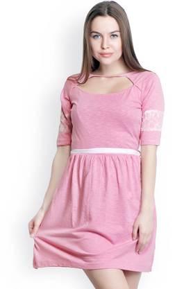 solid cotton boat neck women's knee length dress - pink