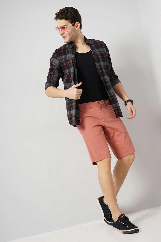 solid cotton button closure mens shorts