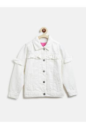 solid cotton collar neck girls casual jacket - white