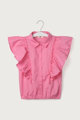 solid cotton collar neck girls top - pink