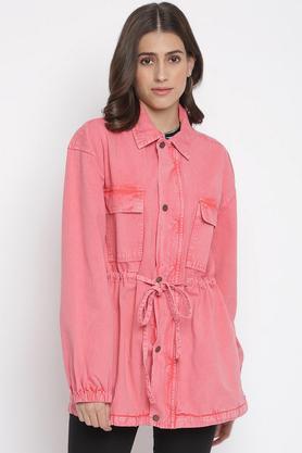 solid cotton collar neck women's jacket - pink