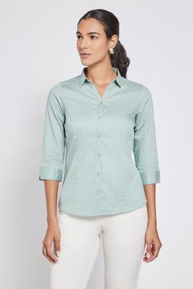 solid cotton collar neck women's shirt - green