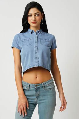 solid cotton collar neck women's shirt - light blue