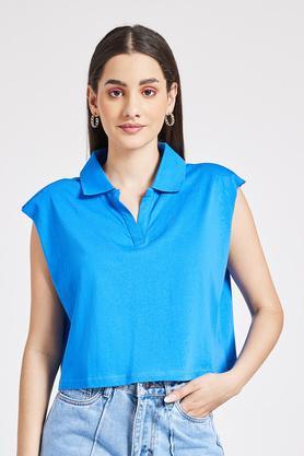 solid cotton collar neck women's top - blue