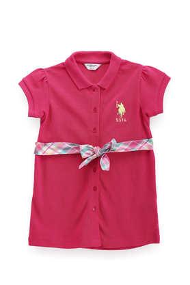 solid cotton collared girls casual wear dress - pink