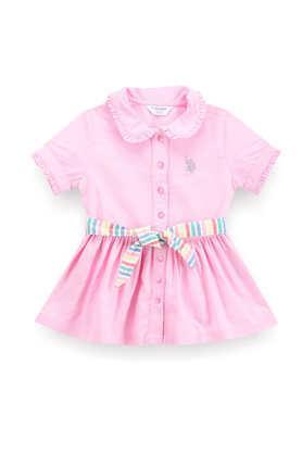 solid cotton collared girls casual wear dress - pink