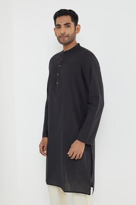 solid cotton collared men's festive wear kurta - black