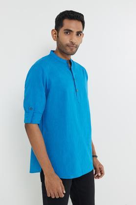 solid cotton collared men's festive wear kurta - blue