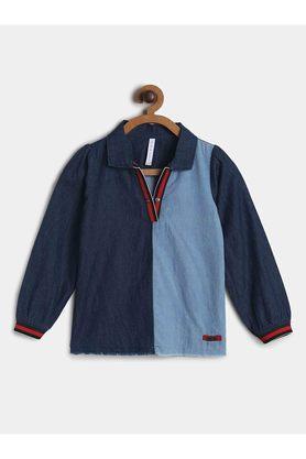 solid cotton collared neck girls top - blue