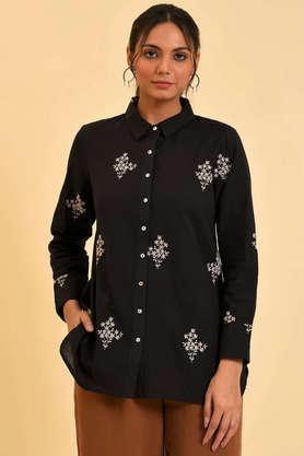 solid cotton collared women's shirt - black