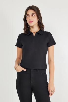 solid cotton collared women's t-shirt - black