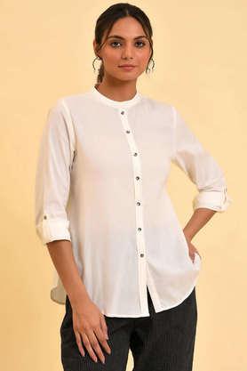 solid cotton collared women's top - ecru