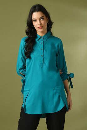 solid cotton collared women's tunic - blue
