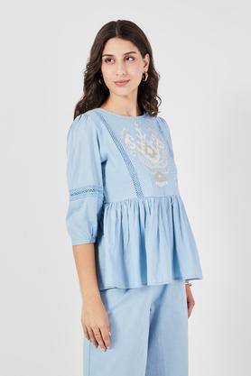 solid cotton collared women's tunic - light blue