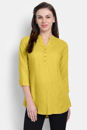 solid cotton collared women's tunic - yellow