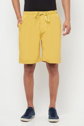 solid cotton drawstring closure men's shorts - yellow