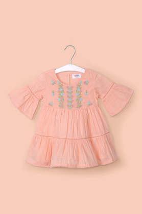 solid cotton festive wear infant girl's dress - peach