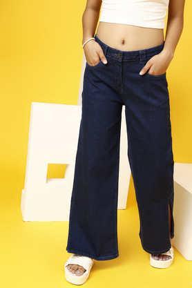 solid cotton flared fit girls jeans - dark blue
