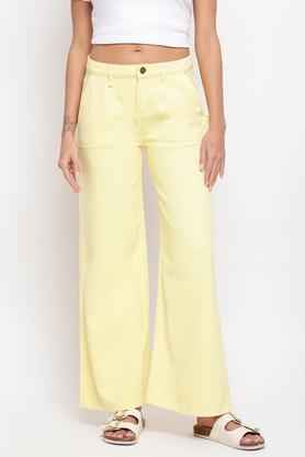 solid cotton flared fit women's jeans - yellow