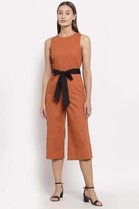 solid cotton flared fit women's jumpsuit - rust