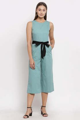 solid cotton flared fit women's jumpsuit - turquoise