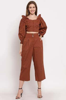 solid cotton flared fit women's pants - brown