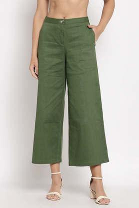 solid cotton flared fit women's pants - green