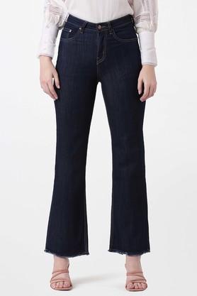 solid cotton flared fit women's pants - indigo