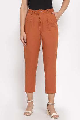 solid cotton flared fit women's pants - rust