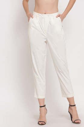 solid cotton flared fit women's pants - white