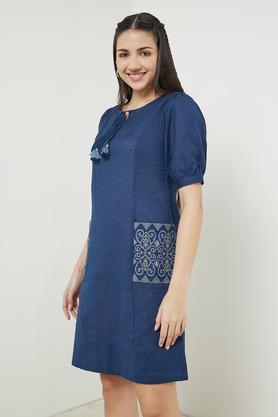 solid cotton flex round neck women's ethnic dress - indigo