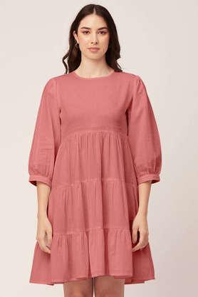 solid cotton flex round neck women's maxi dress - pink