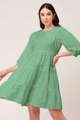 solid cotton flex round neck women's maxi dress - sea green