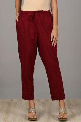 solid cotton full length womens pants - maroon