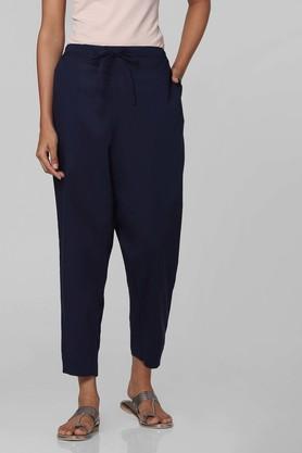solid cotton full length womens pants - navy