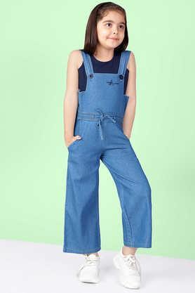 solid cotton girls dungaree shorts with t-shirt set - blue