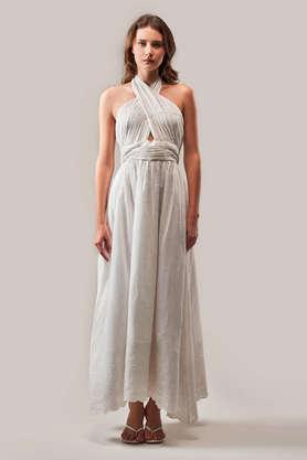 solid cotton halter neck women's maxi dress - white