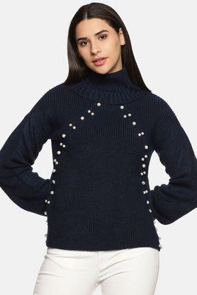 solid cotton high neck womens sweater - black