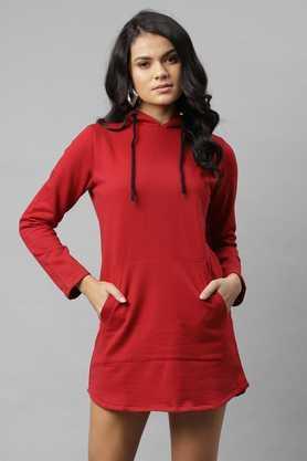 solid cotton hood women's mini dress - maroon