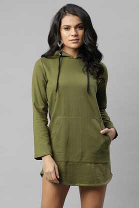 solid cotton hood women's mini dress - olive