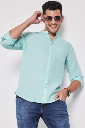 solid cotton linen blend  slim fit mens shirt - aqua