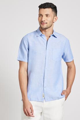 solid cotton linen blend  slim fit mens shirt - blue