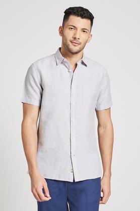solid cotton linen blend  slim fit mens shirt - grey