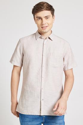 solid cotton linen blend  slim fit mens shirt - khaki